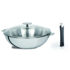 Set Wok Casteline 28 Cm Inox Poignée Amovible Et Couvercle Cristel